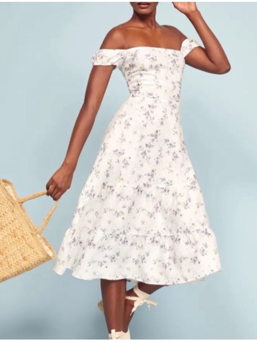 Reformation Toulouse Linen Midi Dress with Blue Floral Print off the shoulder 0P